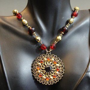 Red and Gold Glass Beaded Gold-tone Baroque Style Necklace